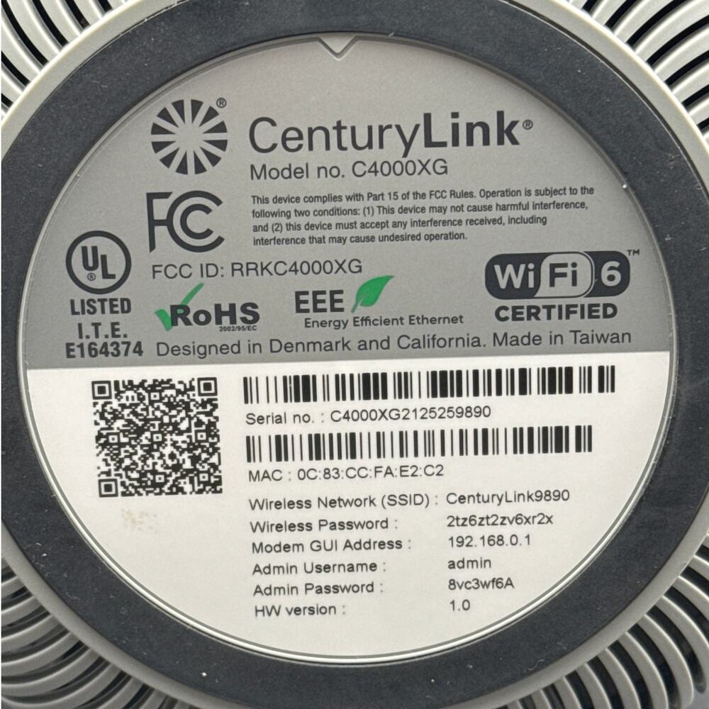 Century Link C4000XG GreenWave Gigabit FIBER Wi-Fi Modem Router Combo With Power - Picture 3 of 5